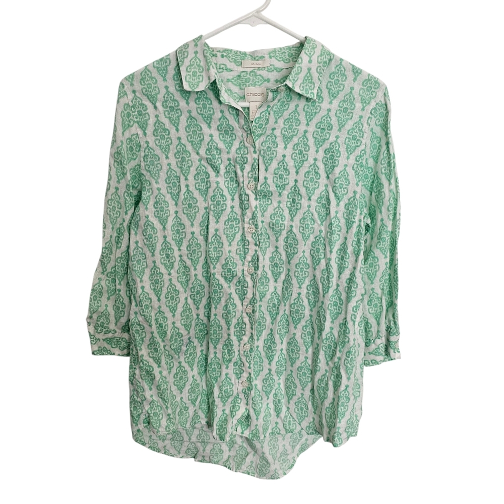 Chico's 100% Linen Large (Size 1 /M 8-10) No Iron Green & White Button Up Shirt - Picture 2 of 7